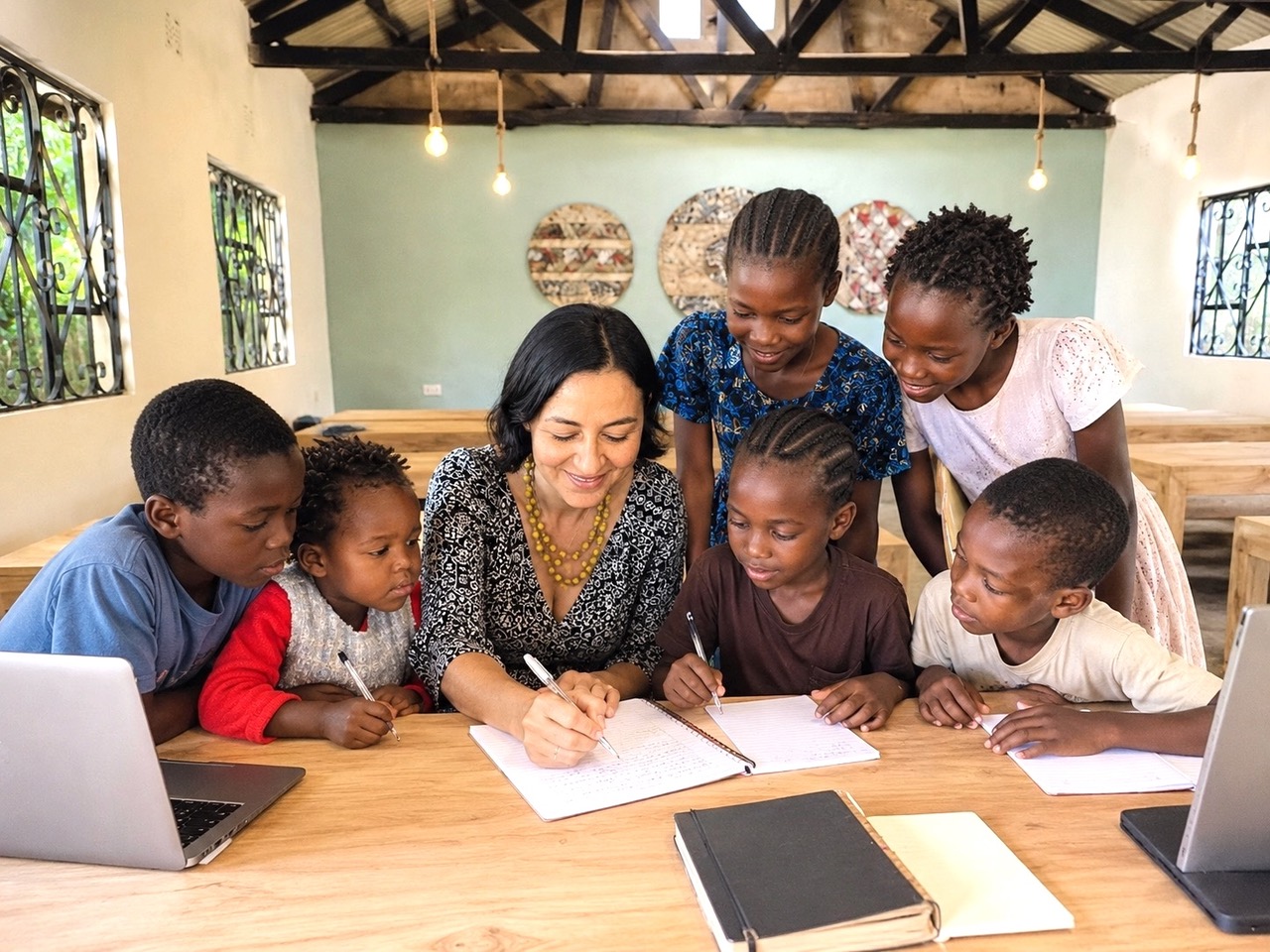 A volunteer teaching children at the school